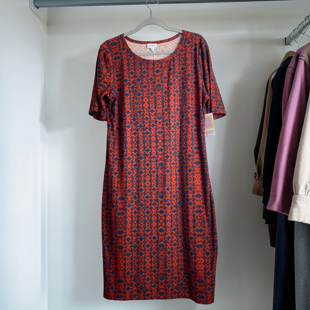 Geometric Midi T-Shirt Dress XL Navy Orange Art Deco Fitted Knit Pencil Sheath